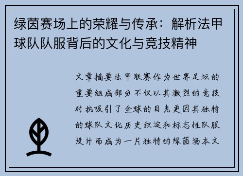 绿茵赛场上的荣耀与传承：解析法甲球队队服背后的文化与竞技精神