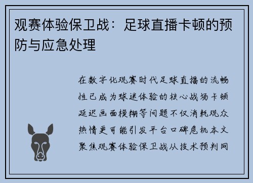 观赛体验保卫战：足球直播卡顿的预防与应急处理