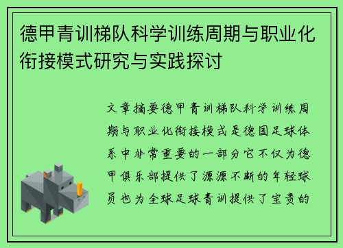 德甲青训梯队科学训练周期与职业化衔接模式研究与实践探讨